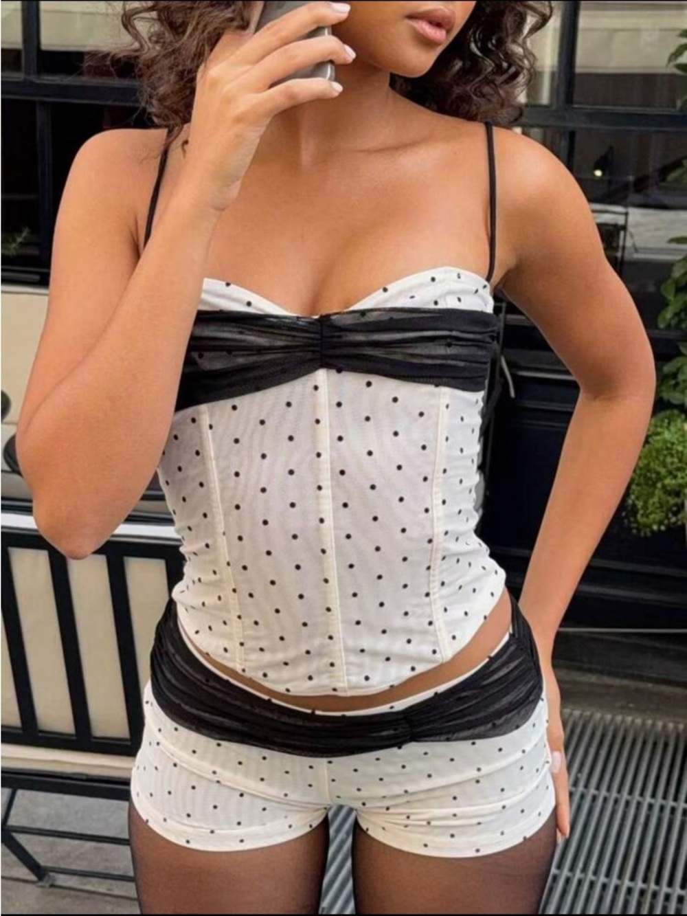 Polka Dot Corset Tank Top with Black Trim and Shorts Set- White/Black